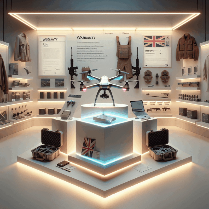 Authorised Aero 1 Lite UK retailer shelf display with drone, accessories, and visible warranty card in smart retail environment.