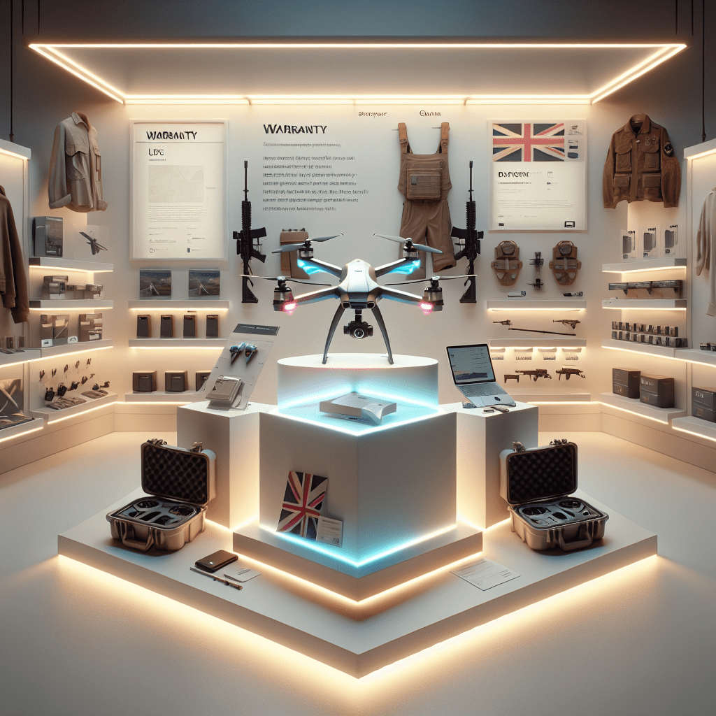 Authorised Aero 1 Lite UK retailer shelf display with drone, accessories, and visible warranty card in smart retail environment.