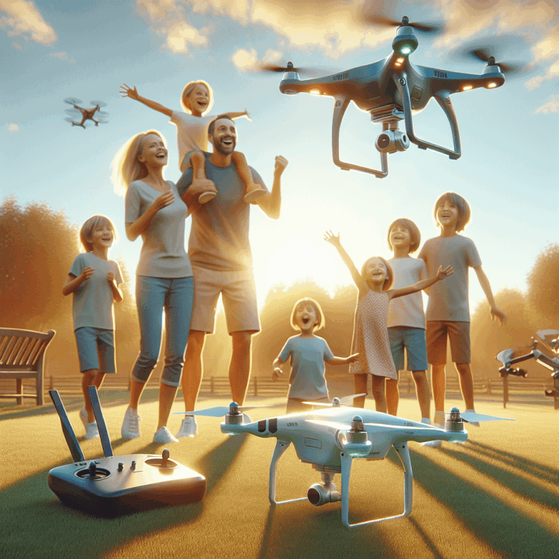 Family drone comparison between Aero 1 Lite and Aero 3 Lite with parents and kids choosing a beginner-friendly gift outdoors.