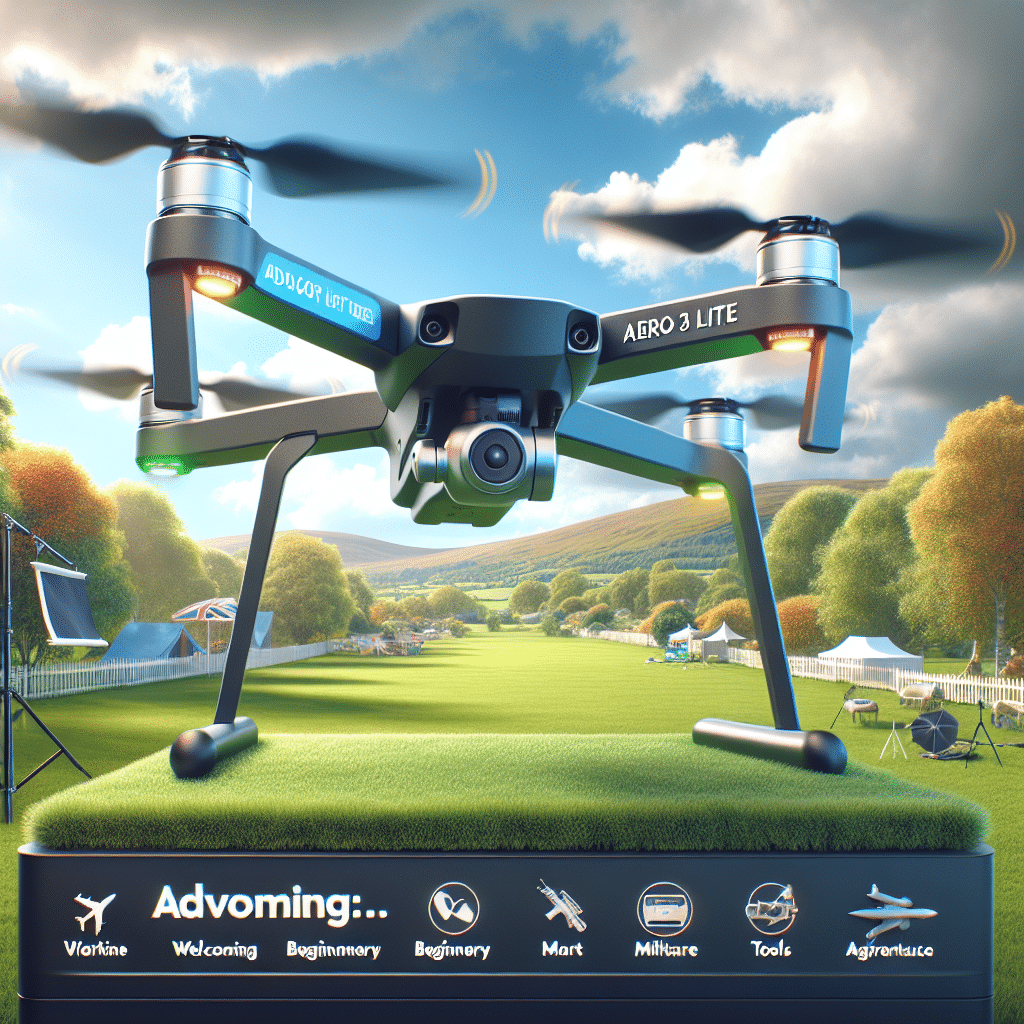 Aero3 Lite drone flying over green fields in the UK, capturing crisp 4K video—ideal for new pilots and affordable aerial videography.