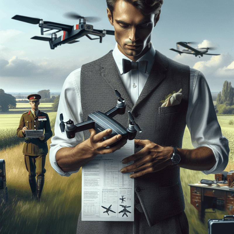 A drone pilot holding an Aero3 Lite checklist, preparing for flight in the British countryside with focus on safety gear and equipment.