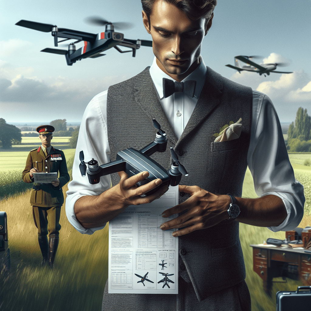 A drone pilot holding an Aero3 Lite checklist, preparing for flight in the British countryside with focus on safety gear and equipment.