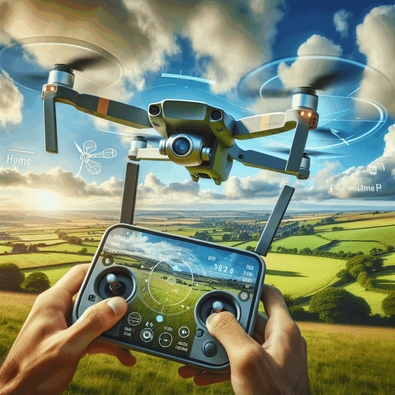 Aero3 Lite GPS drone flying above scenic UK countryside with GPS interface and safe flying indicators for beginners.