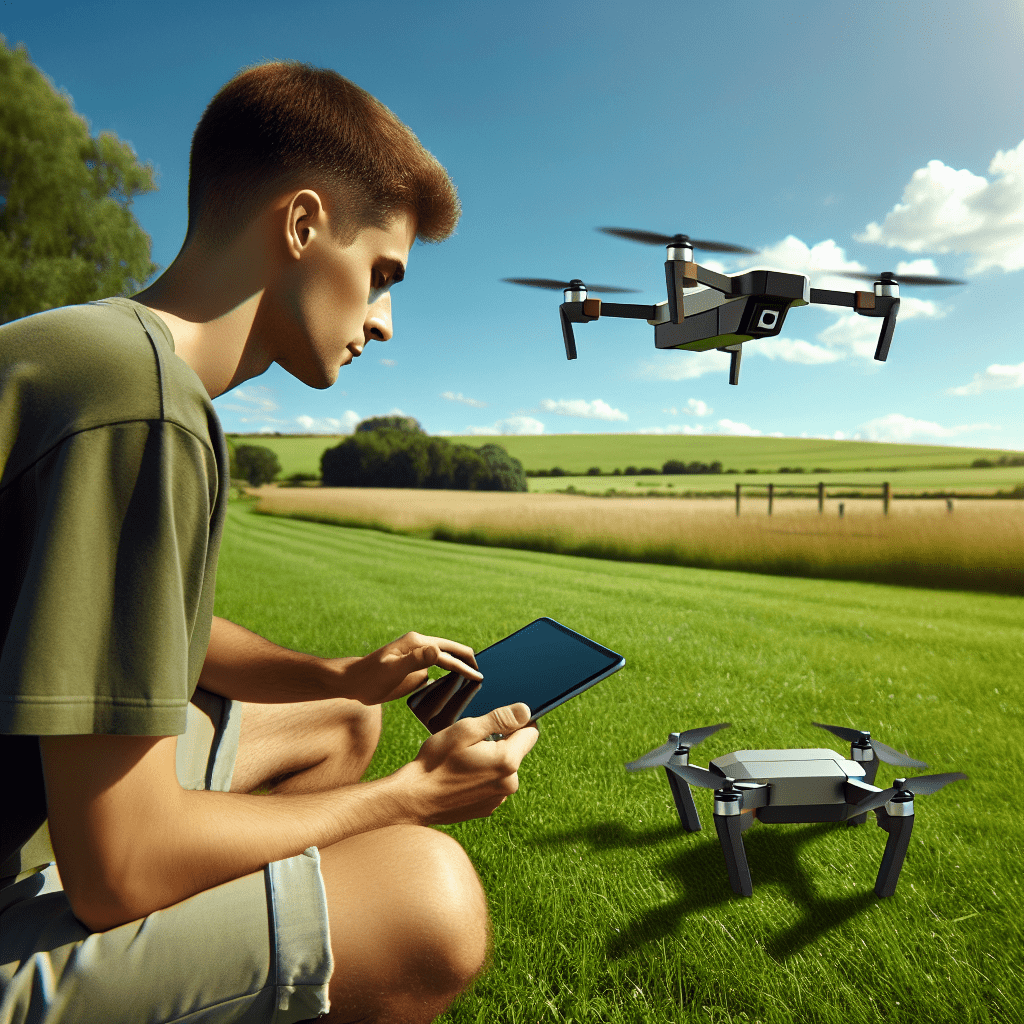 Beginner using Aero3 Lite navigation on a tablet to set waypoints for autonomous drone flight in a grassy park area.