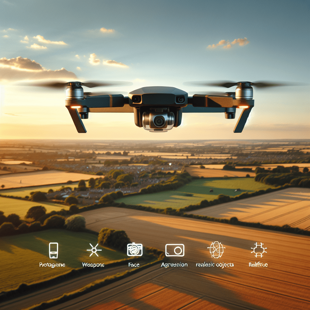 Aero3 Lite range drone flying over British fields at sunset with visible 1km distance and stable video feed.