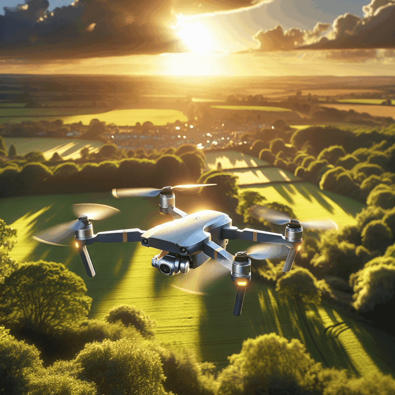 Aero3 Lite safety drone demo flying around obstacles in a British field. Sensors active. Clear UK environment context.