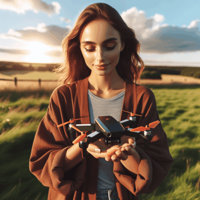 Young drone pilot holding Aero 1 Lite beginner drone in scenic UK field, ready for takeoff with clear blue sky.
