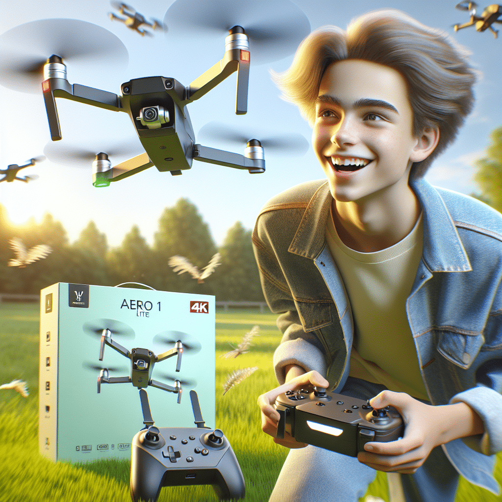 Smiling UK teen launching a beginner drone UK model Aero 1 Lite outdoors, with soft lighting and safety-focused design.