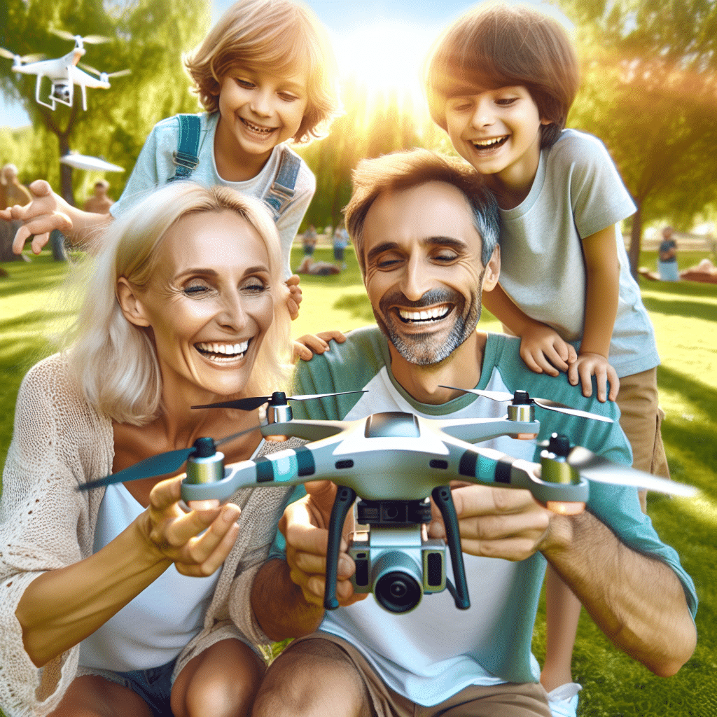 A beginner drone UK family enjoying safe camera-guided flying in a British park, demonstrating easy-to-use controls ideal for new pilots.