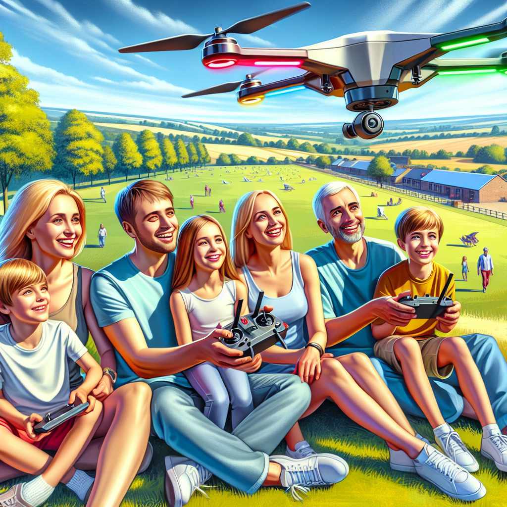 A smiling UK family flying a beginner drone in a sunny park, showcasing beginner drones UK in a fun and safe environment.
