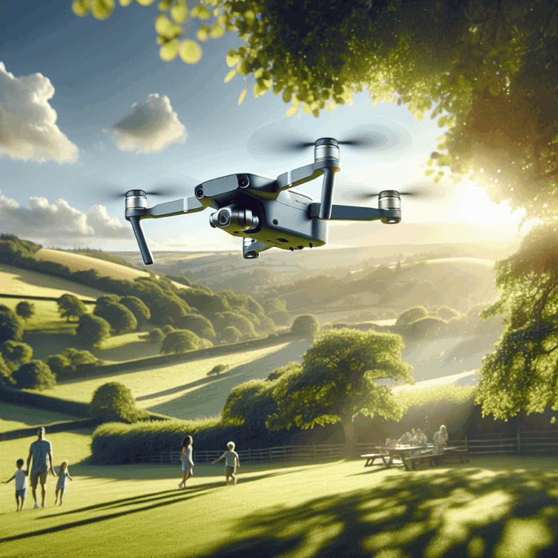 Compact drone under 250g flying outdoors in a sunny UK field with family in the background – best drones under 100 pounds.