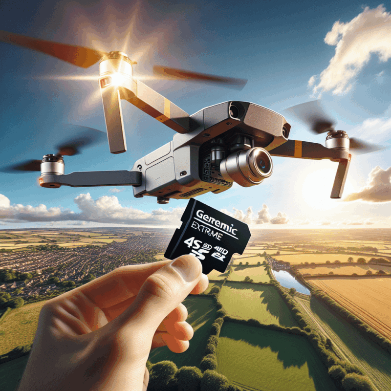 Modern drone using best memory card for drone (Sandisk Extreme) in UK skies with 4K video in progress