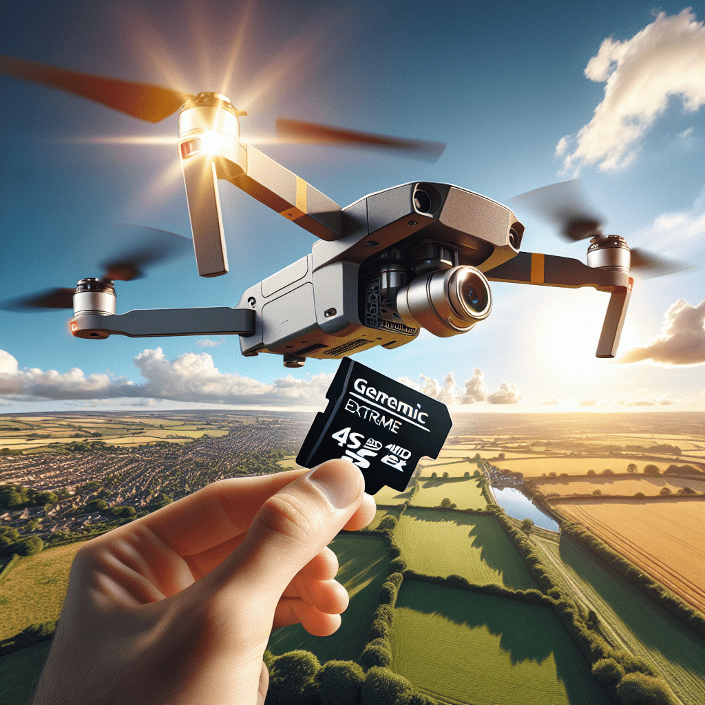 Modern drone using best memory card for drone (Sandisk Extreme) in UK skies with 4K video in progress