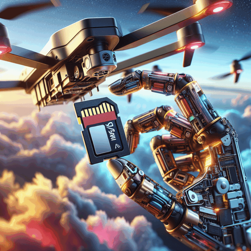 Sandisk microSD card for drone use shown being inserted mid-flight — ideal drone SD card setup for 4K footage storage and speed.