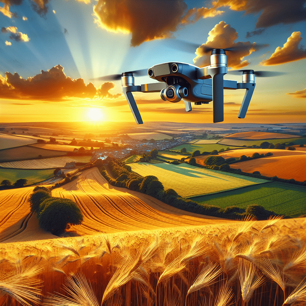 A sleek budget 4k drones uk model Aero3 Lite hovering over the British countryside during sunset, showcasing camera features and portability.