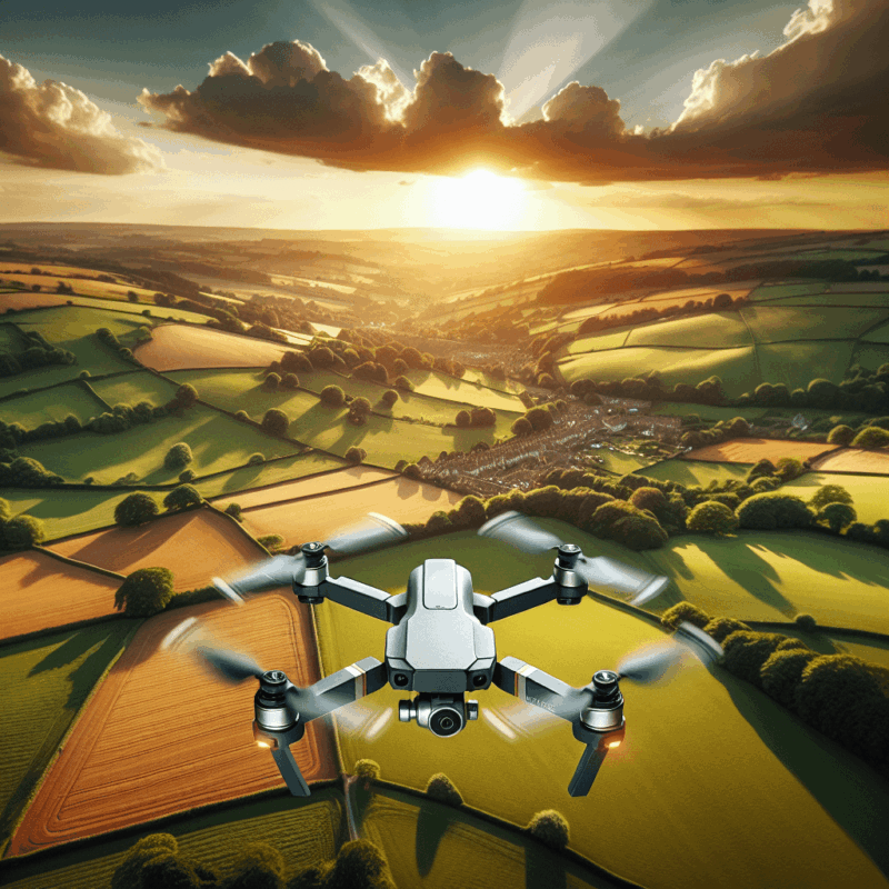 A compact quadcopter flying over the UK countryside, perfect for budget drones UK shoppers wanting aerial photography features.