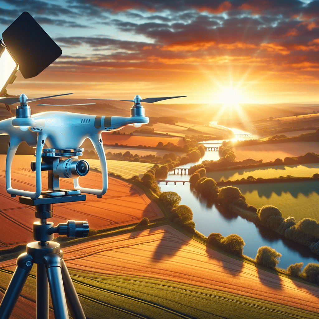 A budget photography drone capturing aerial shots over the UK countryside during golden hour with a 4K camera in 2025.