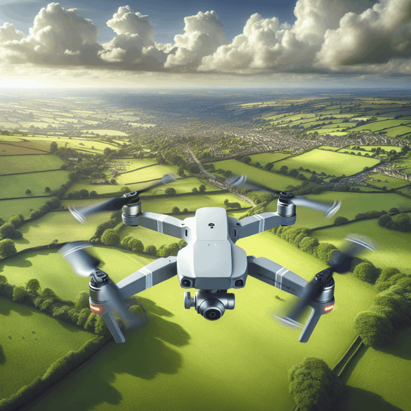 A cheap beginner drone flying with GPS and camera over the UK countryside showcasing features perfect for new pilots.