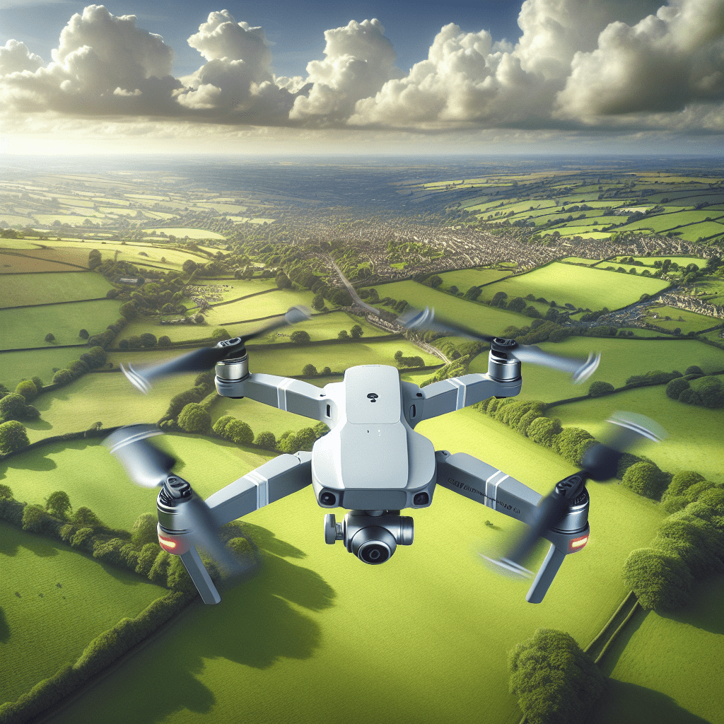 A cheap beginner drone flying with GPS and camera over the UK countryside showcasing features perfect for new pilots.