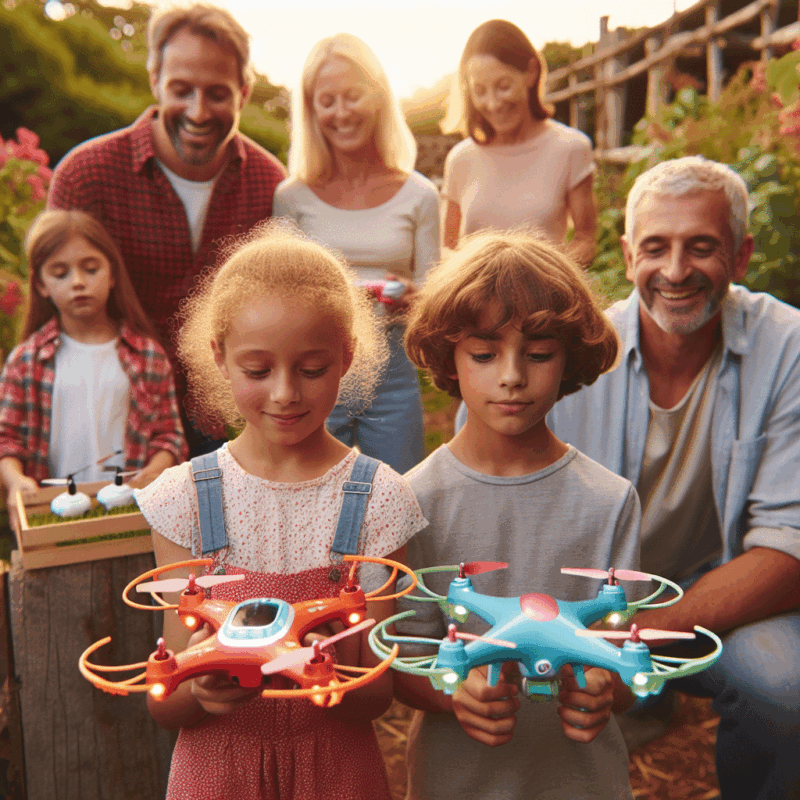 Two children flying colourful, camera-equipped kids drones UK in a garden under parental supervision and sunlight.