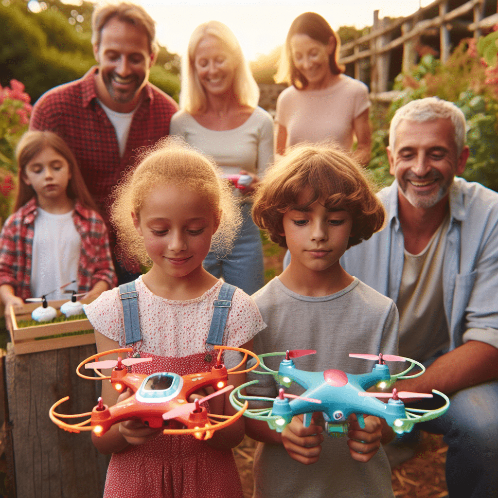 Two children flying colourful, camera-equipped kids drones UK in a garden under parental supervision and sunlight.
