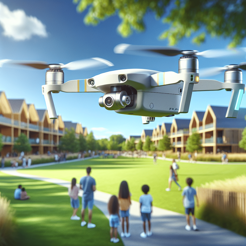 Crash-resistant drone Aero 1 Lite flying in a UK park near kids, propeller guards and soft arms visible for safety.