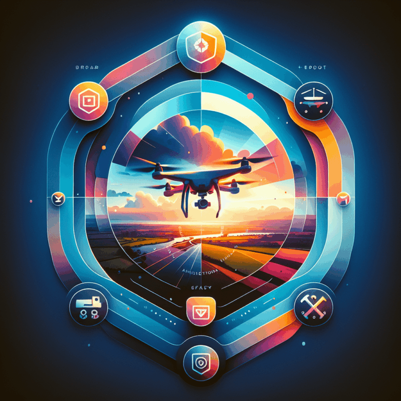 Modern drone hovering over British countryside with drone 2-year warranty visuals, safety icons, and protection overlay imagery