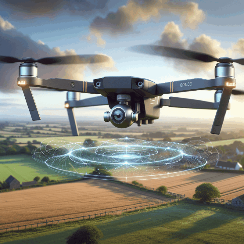 Drone crash prevention showcased with Aero3 Lite in flight using real-time smart sensors scanning for obstacles over countryside.