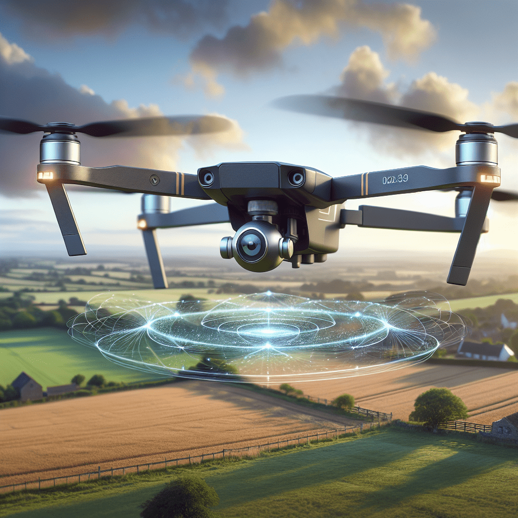 Drone crash prevention showcased with Aero3 Lite in flight using real-time smart sensors scanning for obstacles over countryside.