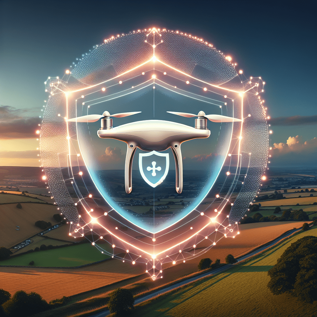 Drone insurance UK visual showing Aero 1 Lite flying outdoors with a digital shield overlay symbolizing safety and protection.
