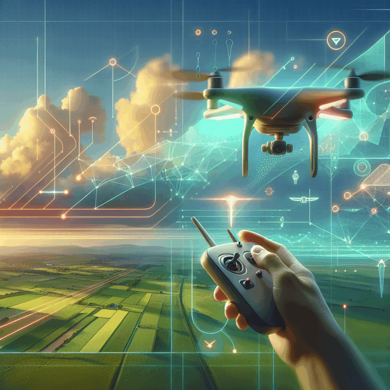 Aero3 Lite drone mid-flight over countryside, controller in-hand, return-to-home button highlighted for drone safety demo in UK skies.