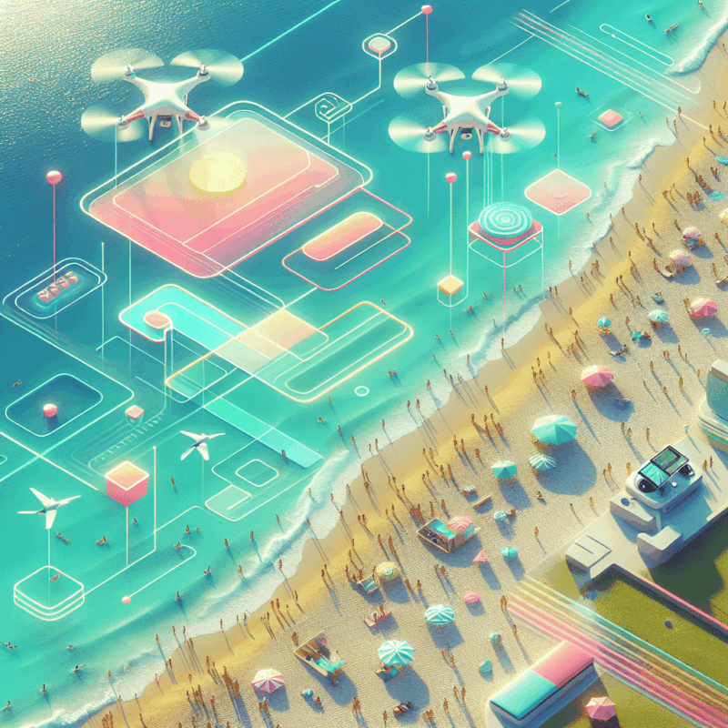 holiday drone photo tips scene: Aero3 Lite drone flies over a beach capturing 4K travel photos in bright, family-oriented setting.