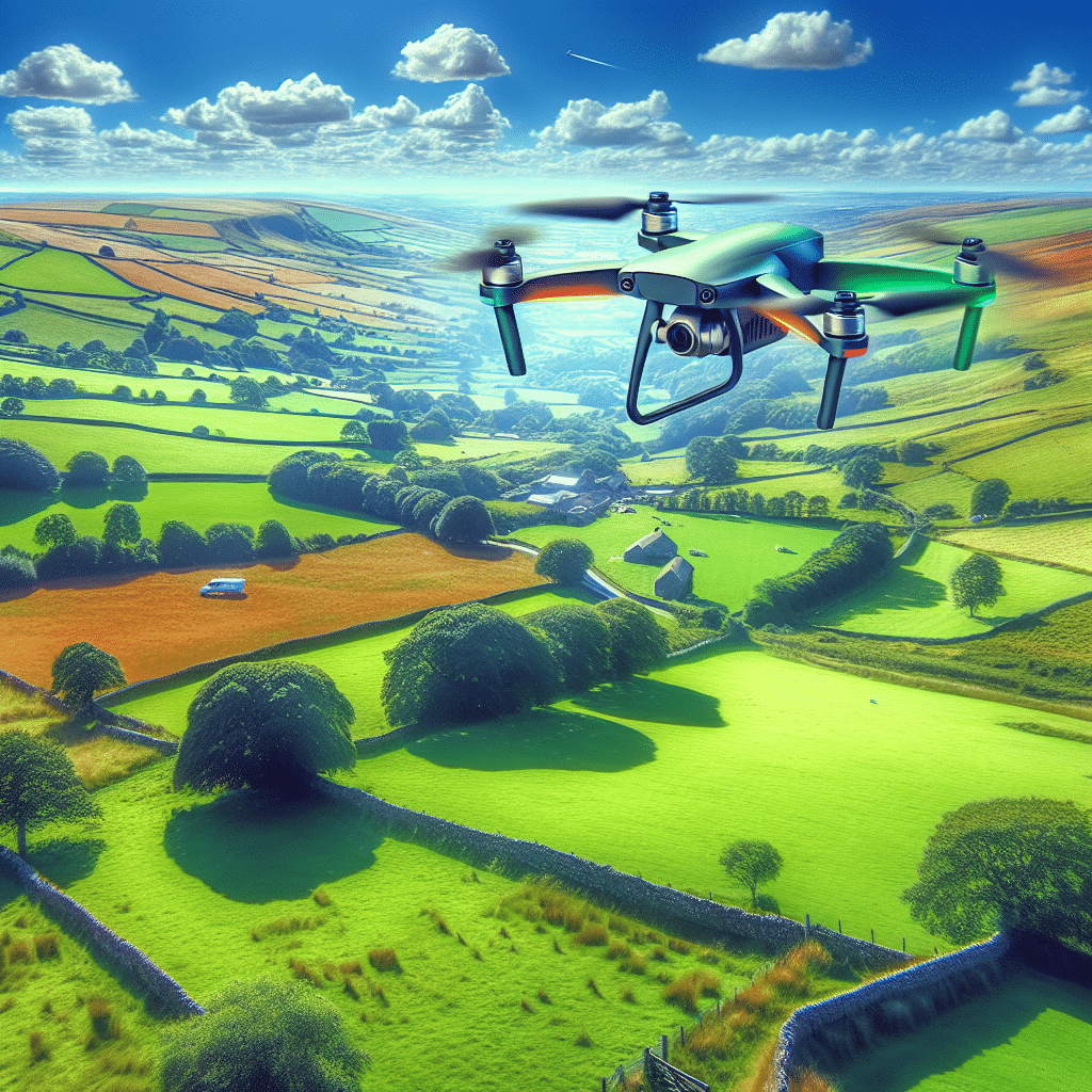 A modern beginner-friendly drone flying in the UK countryside, illustrating UK drone regulations and safety practices for new pilots.