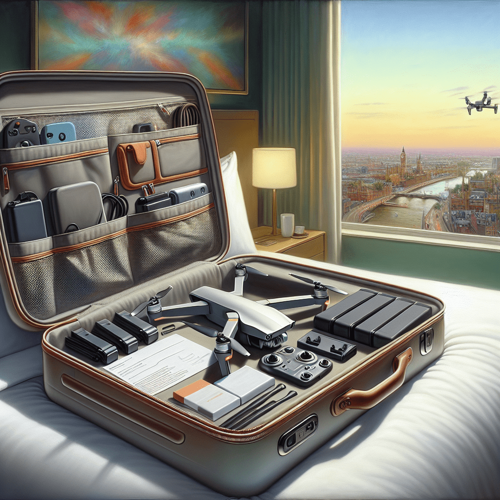 Open suitcase showing travel with drones UK essentials including drone, fireproof battery bags, and travel accessories in UK hotel room.