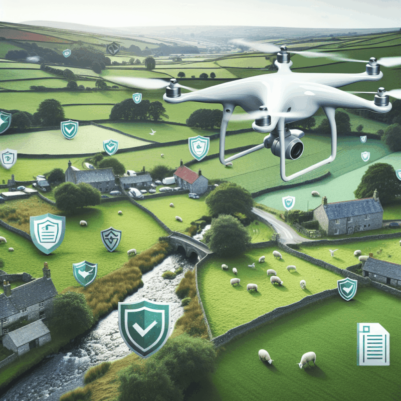 A flying drone over a scenic UK backdrop with visuals of documents and security icons, depicting drone insurance UK and warranty protection.