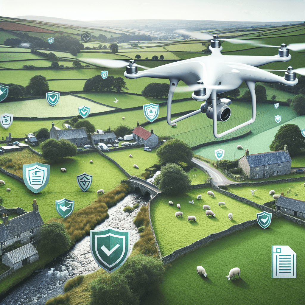 A flying drone over a scenic UK backdrop with visuals of documents and security icons, depicting drone insurance UK and warranty protection.