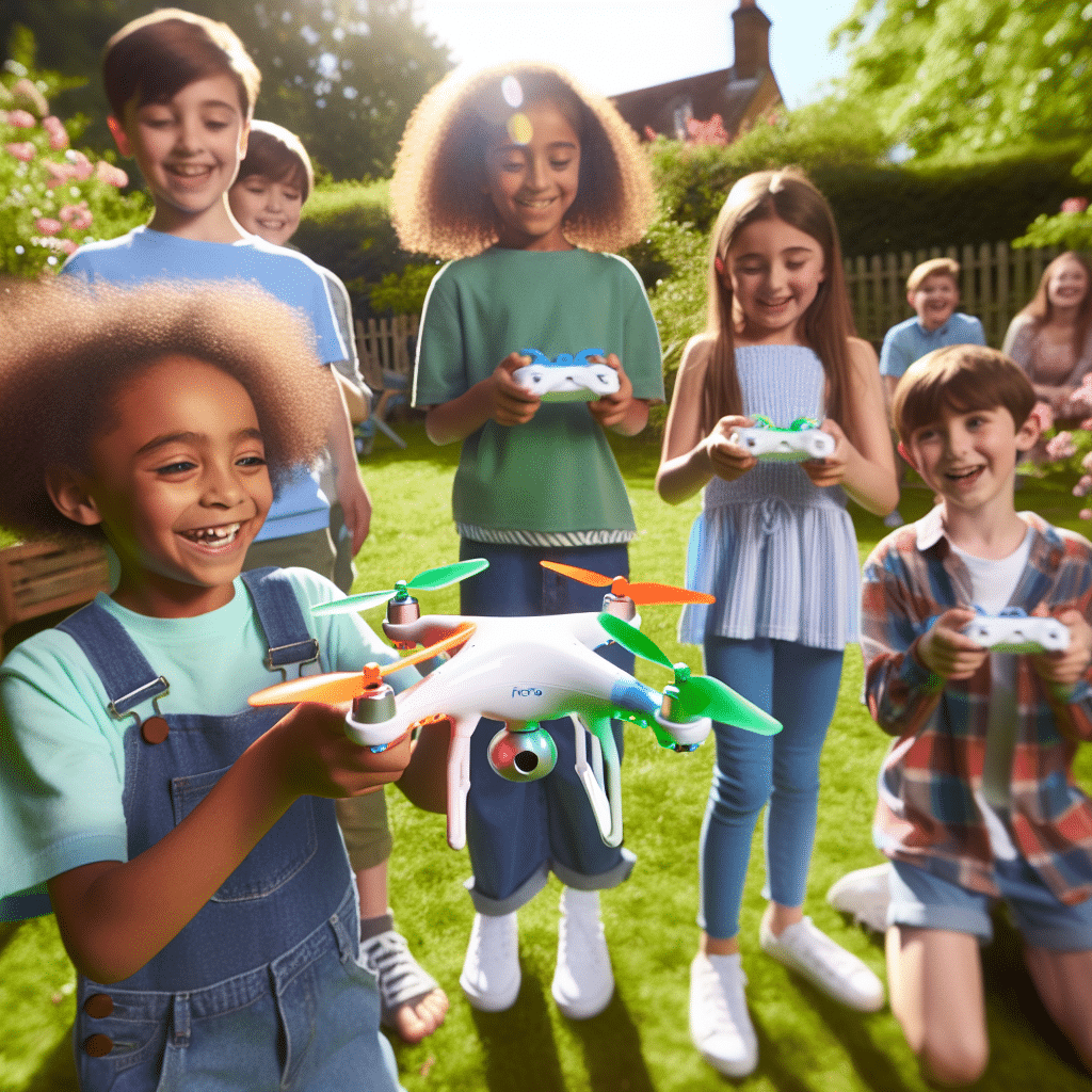 Children holding safe and colourful Memaero drones outdoors in a garden, smiling and flying drones. Ideal for kids drone gifts inspiration.