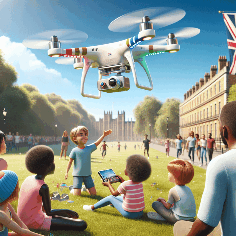 A diverse group of kids flying the Aero 1 Lite safely in a UK park – lightweight, child-safe, and perfect for beginners learning drone flight.