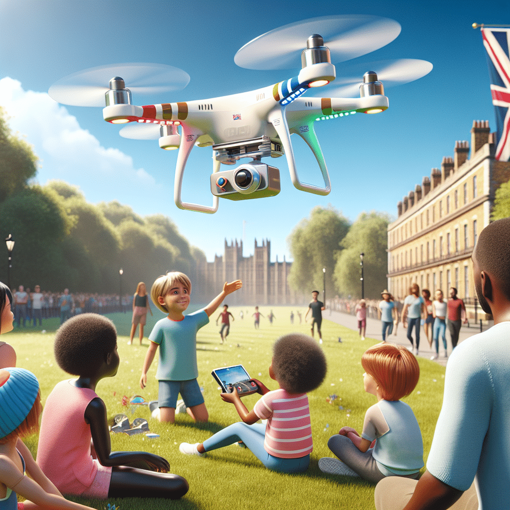 A diverse group of kids flying the Aero 1 Lite safely in a UK park – lightweight, child-safe, and perfect for beginners learning drone flight.