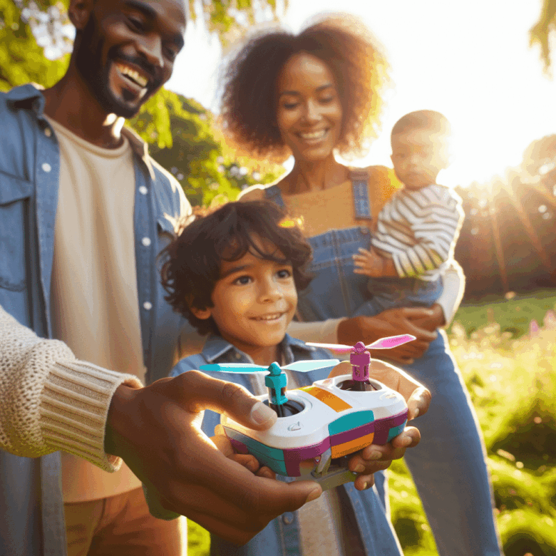 British family outdoors flying a kids drone UK — child safely operating colorful Aero 1 Lite with parental supervision.