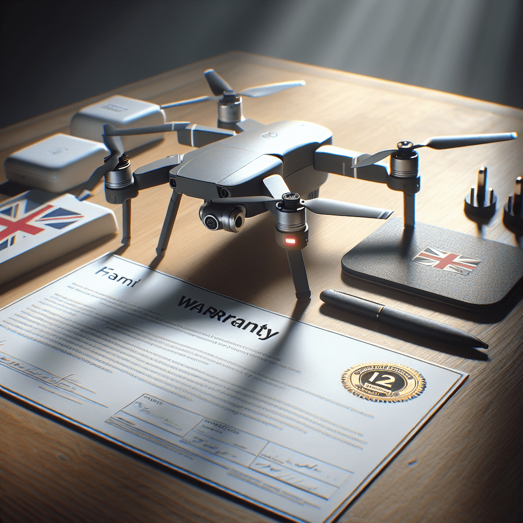 Illustration showing Memaero warranty terms for Aero 1 Lite drone in a UK setting with support contact and policy visual.