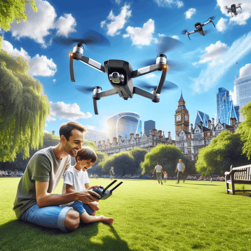 Parent and child flying no registration drones UK like Aero 1 Lite in a sunny city park, demonstrating safe recreational drone use.