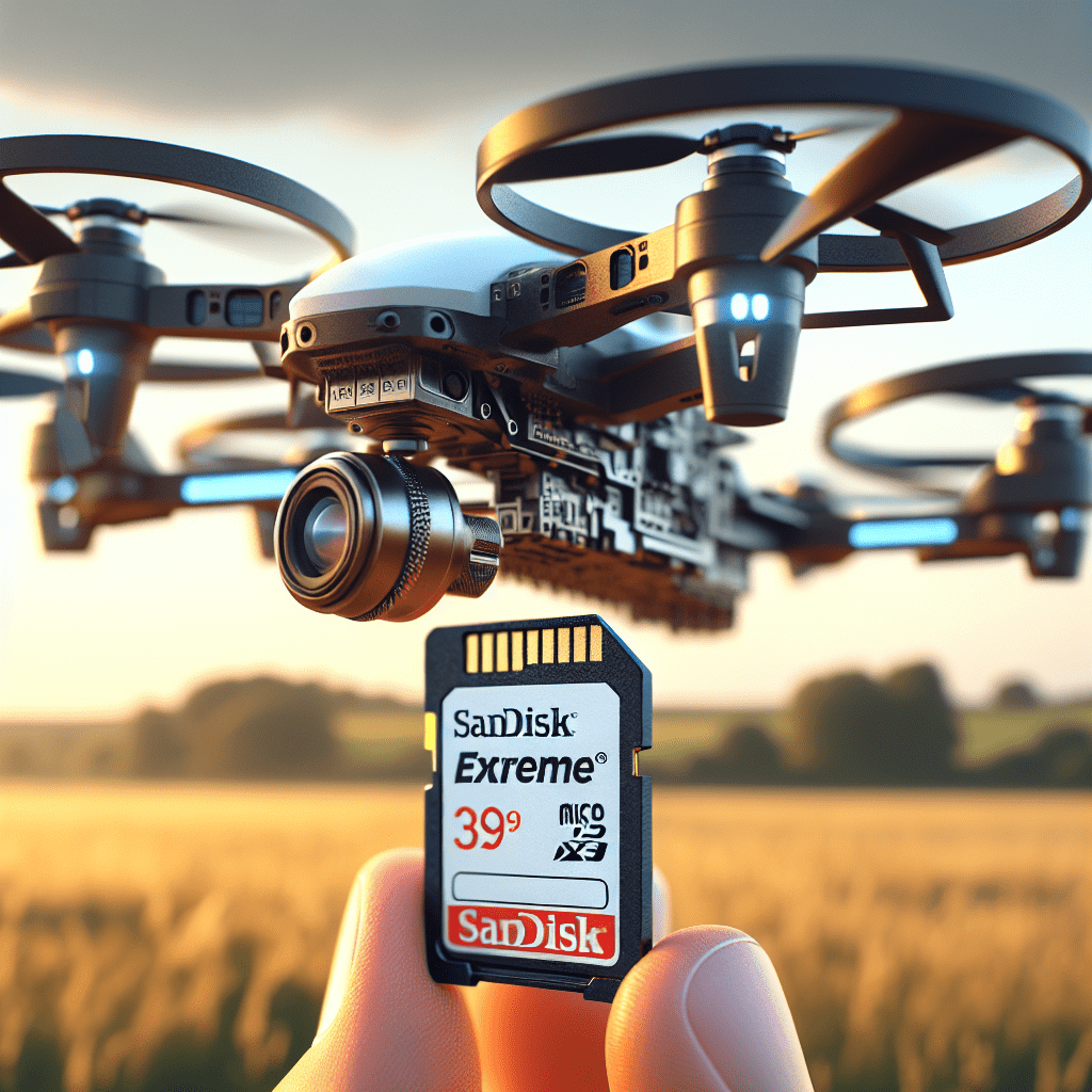 Close-up shot of Sandisk Extreme micro SD card installed in an Aero drone ready for 4K drone footage, highlighting card speed relevance.