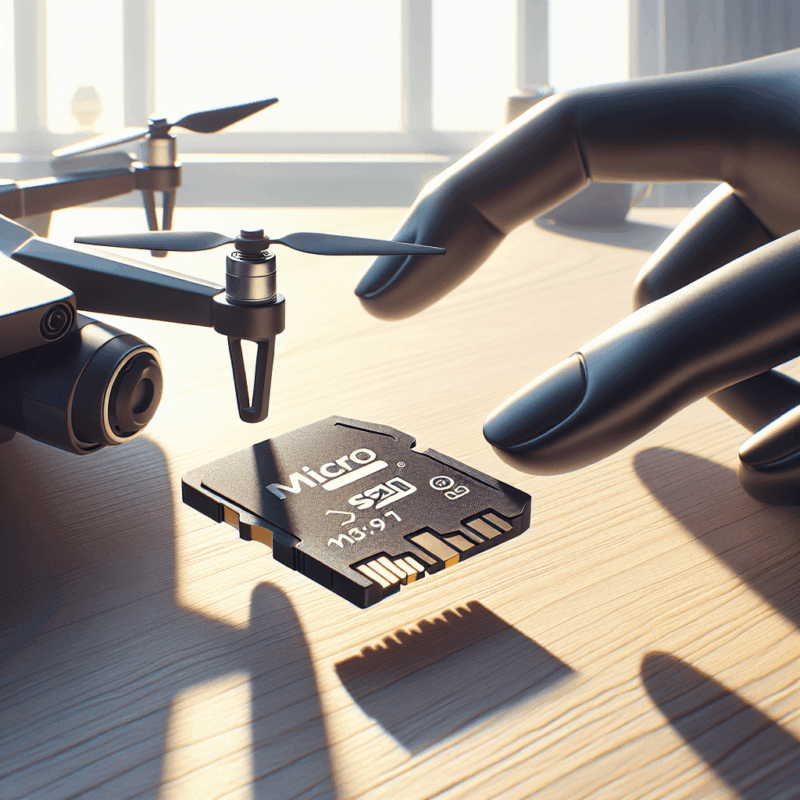 Genuine Sandisk micro SD for drones next to a Memaero quadcopter, showcasing compatibility and 4K-readiness in stylish UK home setup.