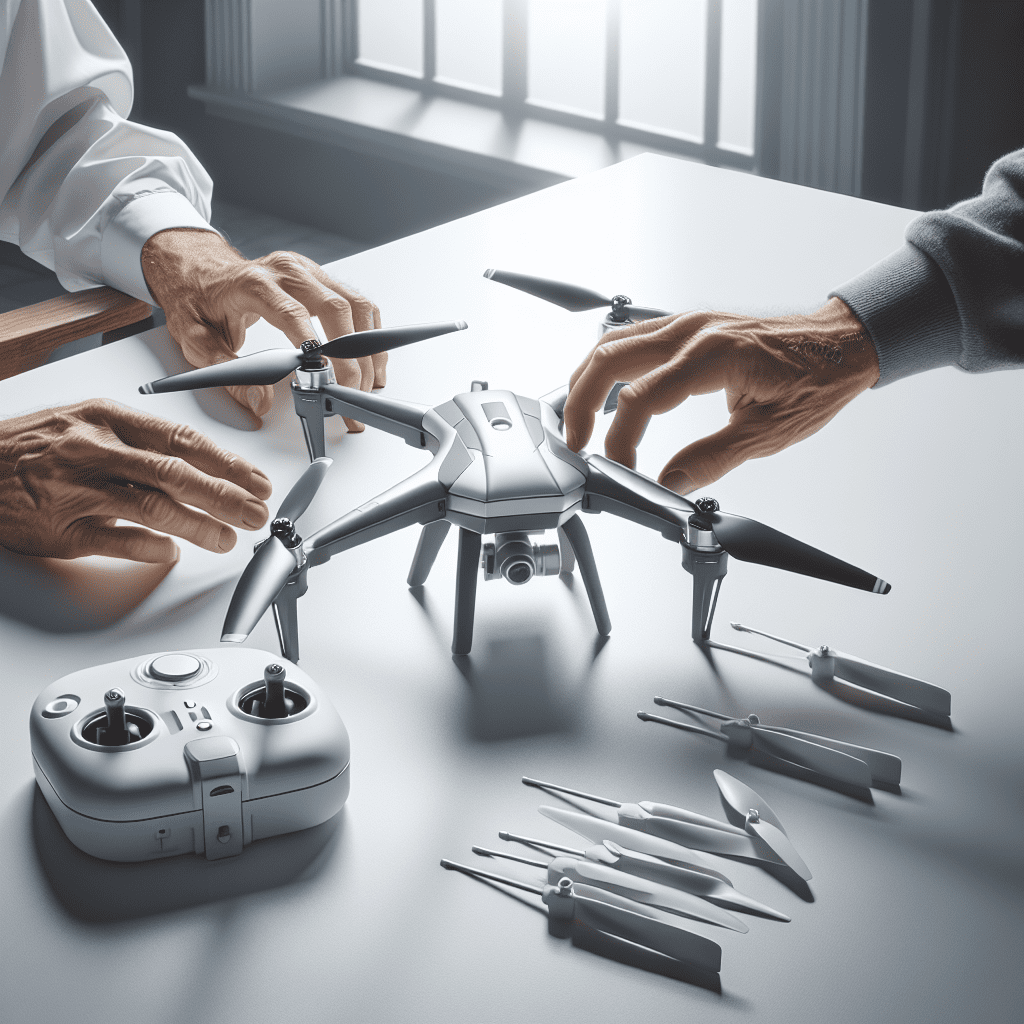 Adult hands attaching propellers to Aero 1 Lite drone on table with remote, demonstrating easy setup for families and beginners.