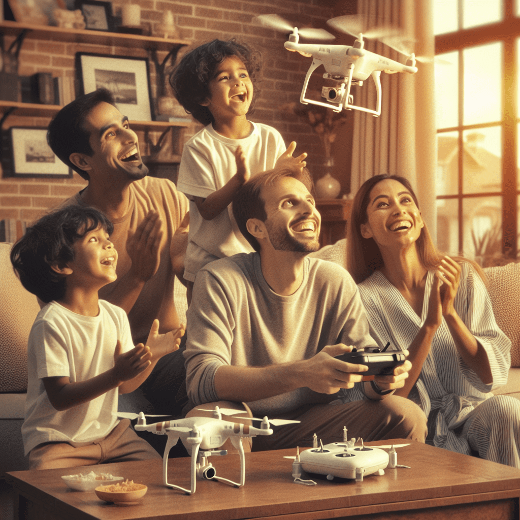 A family flying Aero 3 Lite and Aero 1 Lite drones in their living room, showcasing a safe and fun Aero 3 Lite family gift experience.