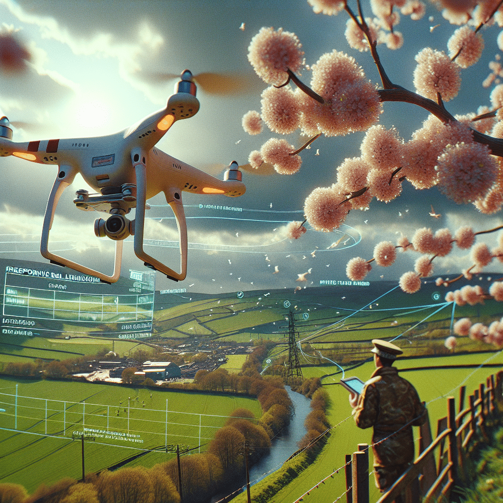 Aero 3 Lite sensors on a drone detecting and avoiding obstacles while flying across a springtime British countryside.