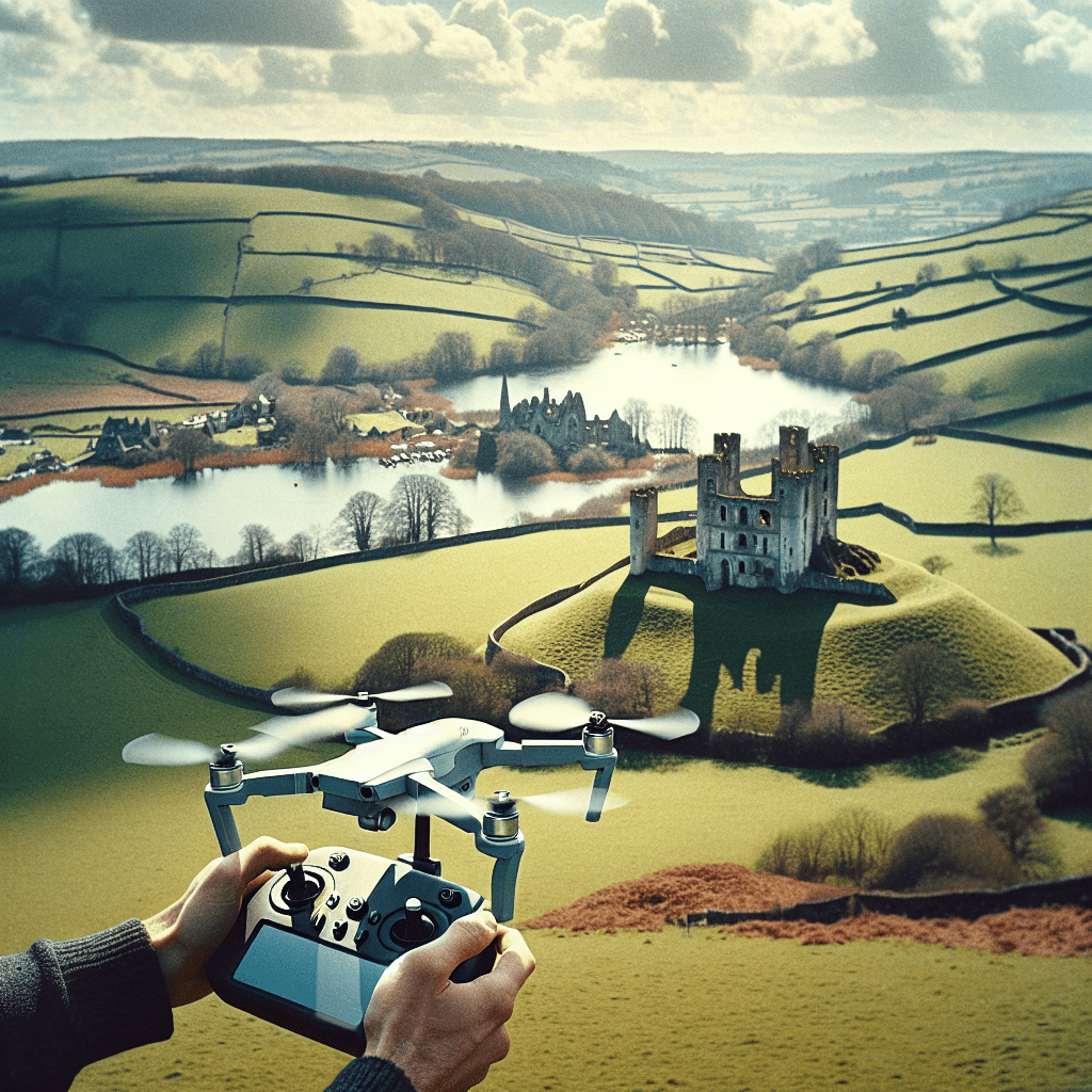 Best travel drone UK in action—Aero 1 Lite flying over scenic UK landscape with castle and lake in the backdrop.