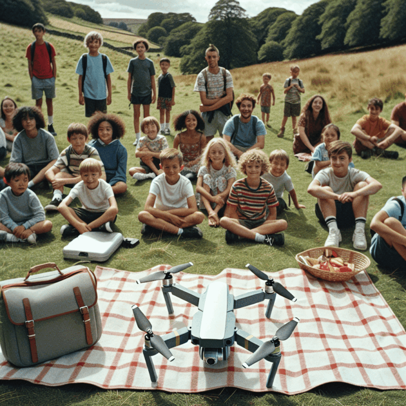 Best foldable mini drone UK shown in outdoor setting with kids and parents on picnic, ready to launch Aero 1 Lite.