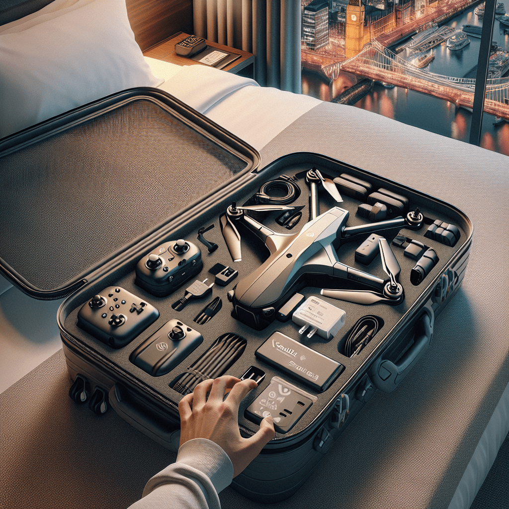 Aero 1 Lite packing setup displayed in a travel case on a hotel bed with accessories clearly arranged for UK drone travel.